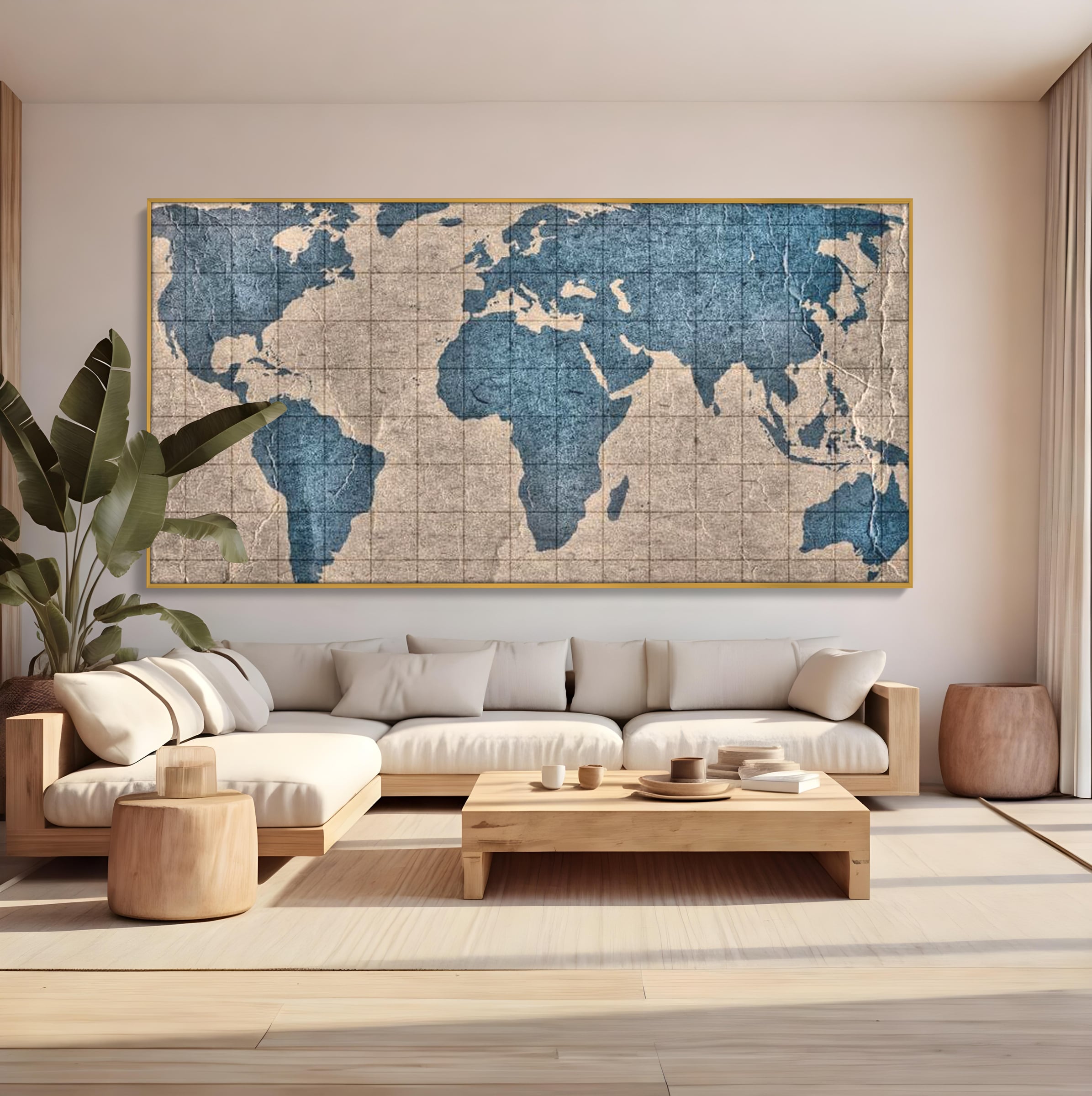 Tablou canvas cu tablou canvas cu harta lumii pe pergament, in rama de aluminiu auriu, pe perete intr-un living